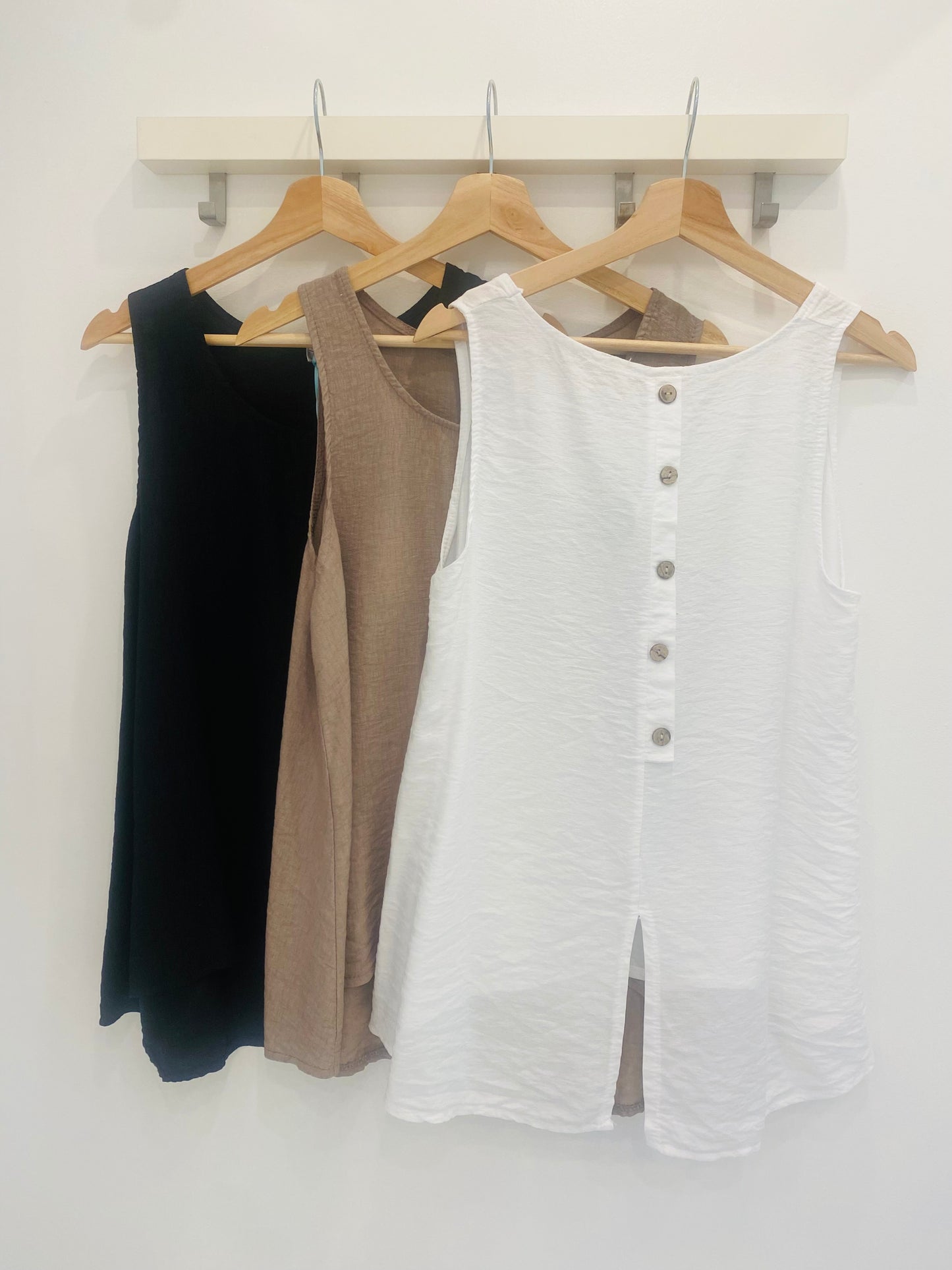Bella Button Back Sleeveless Tops In Various Colours