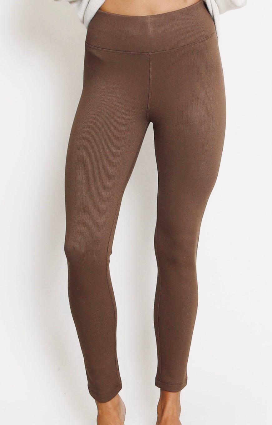 Cosy Ribbed Thermal Leggings In Chocolate